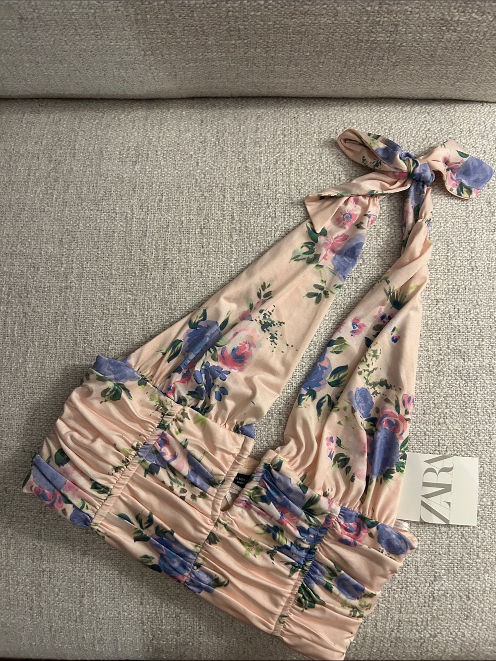 BRAND NEW Zara Pink Floral Halter Tie Crop Top